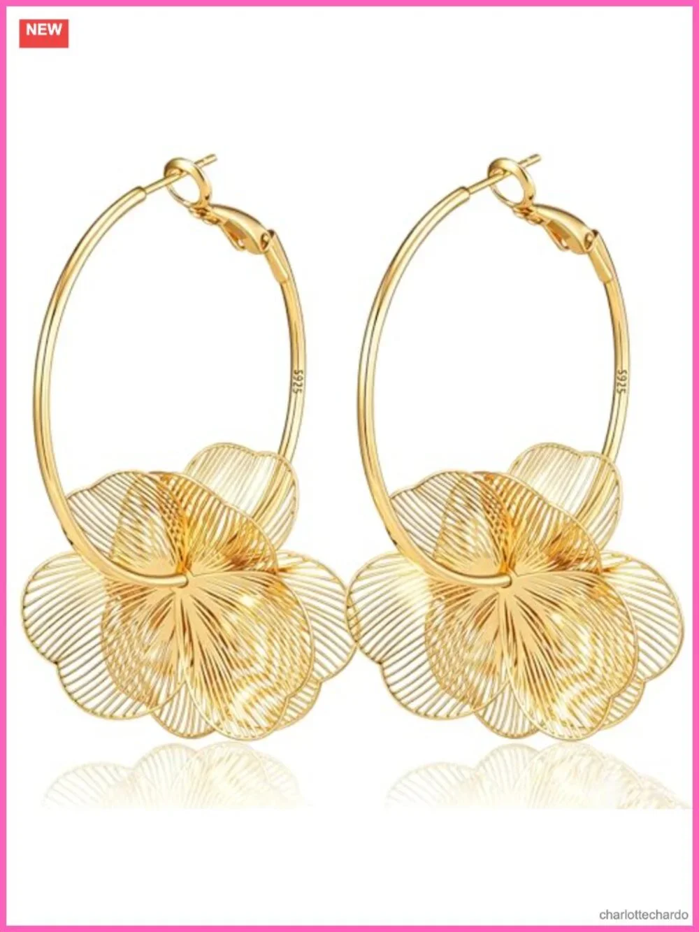 Gold Plated Flower Dangle Hoop Earrings Sterling Silver Floral Statement Jewelry